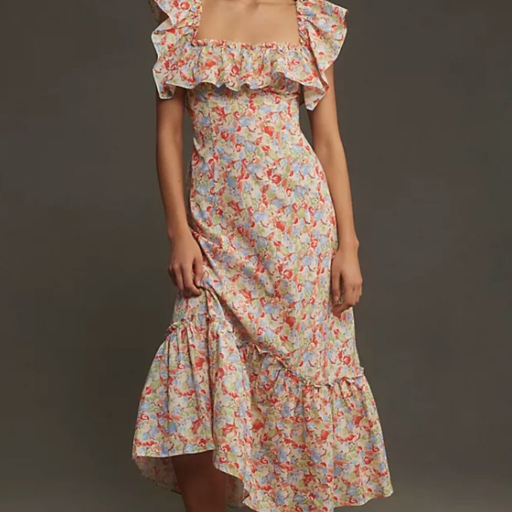RIXO June Floral Ruffled A-Line Midi Dress